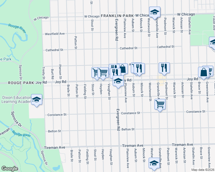 map of restaurants, bars, coffee shops, grocery stores, and more near 8694 Heyden in Detroit