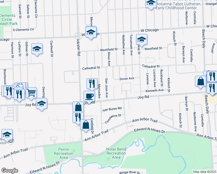 map of restaurants, bars, coffee shops, grocery stores, and more near 8924 San Jose Avenue in Redford Charter Township