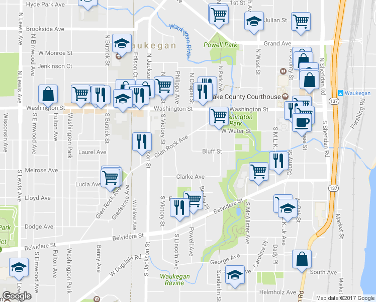 map of restaurants, bars, coffee shops, grocery stores, and more near 134 South Chapel Street in Waukegan