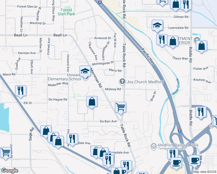 map of restaurants, bars, coffee shops, grocery stores, and more near 439 Midway Road in Medford