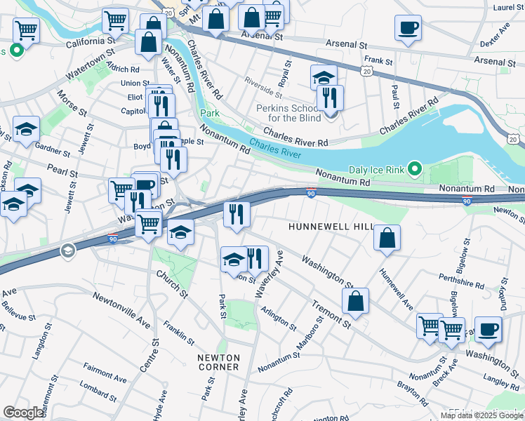 map of restaurants, bars, coffee shops, grocery stores, and more near 165 Hunnewell Avenue in Newton