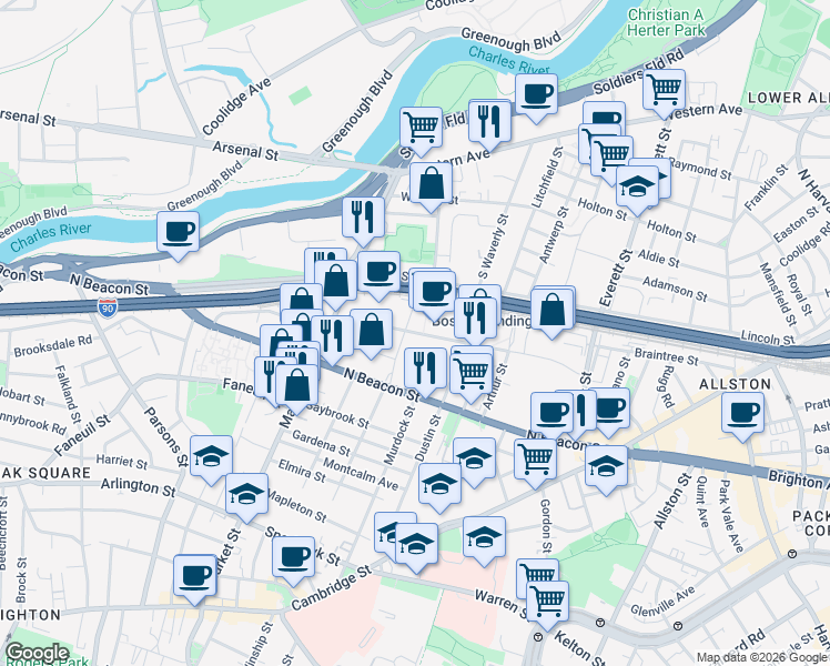 map of restaurants, bars, coffee shops, grocery stores, and more near Guest Street in Boston