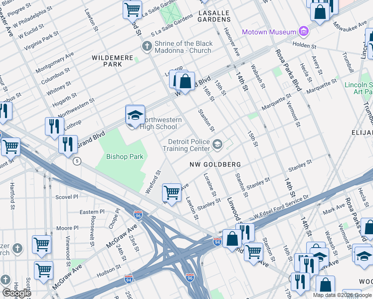 map of restaurants, bars, coffee shops, grocery stores, and more near 2666 Marquette Street in Detroit