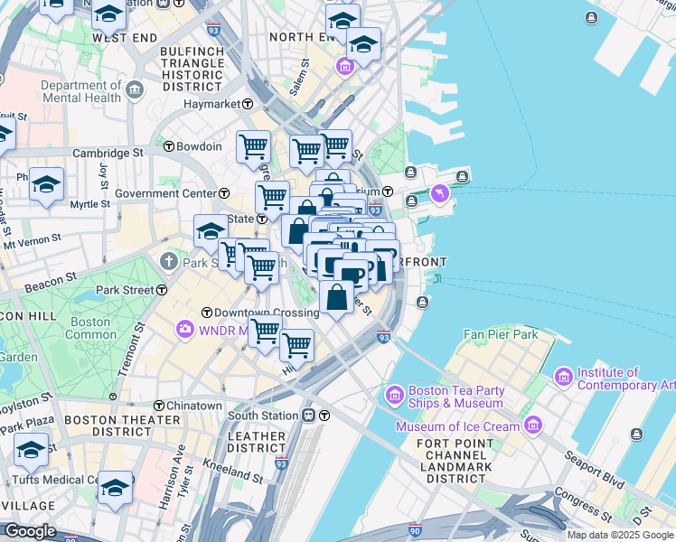 map of restaurants, bars, coffee shops, grocery stores, and more near 260 Franklin Street in Boston