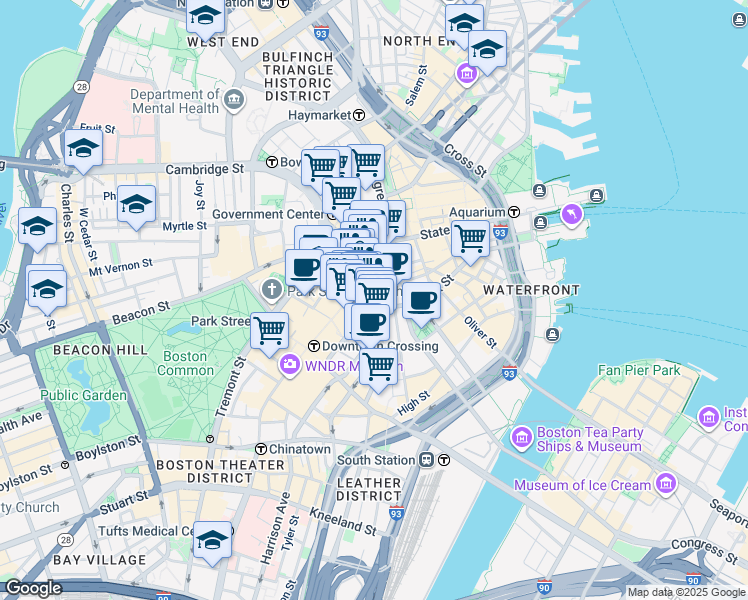 map of restaurants, bars, coffee shops, grocery stores, and more near 50 Milk Street in Boston