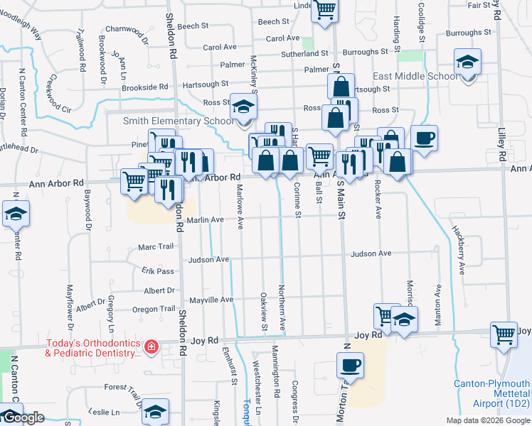 map of restaurants, bars, coffee shops, grocery stores, and more near 9404 Oakview Street in Plymouth