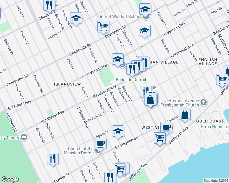 map of restaurants, bars, coffee shops, grocery stores, and more near 1804 Baldwin Street in Detroit