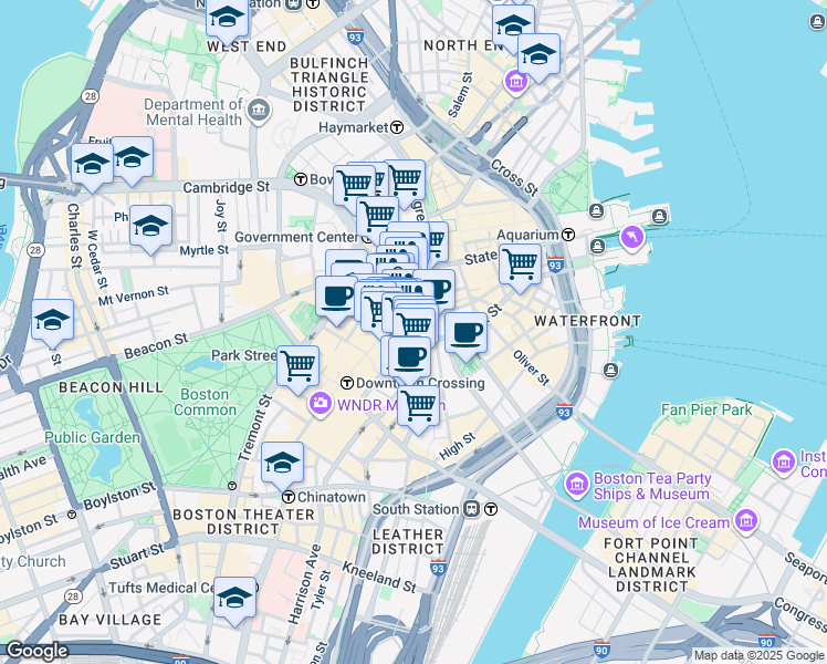 map of restaurants, bars, coffee shops, grocery stores, and more near 50 Milk Street in Boston