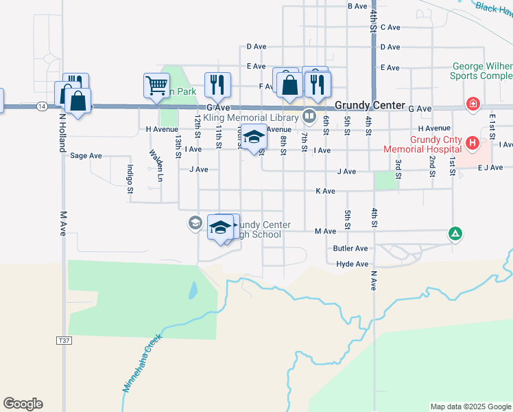 map of restaurants, bars, coffee shops, grocery stores, and more near 1100-1198 9th Street in Grundy Center