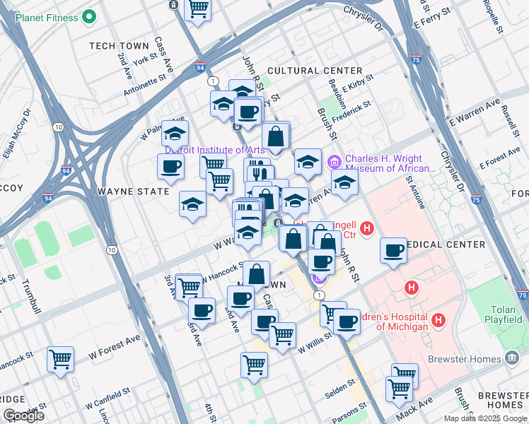 map of restaurants, bars, coffee shops, grocery stores, and more near 42 West Warren Avenue in Detroit