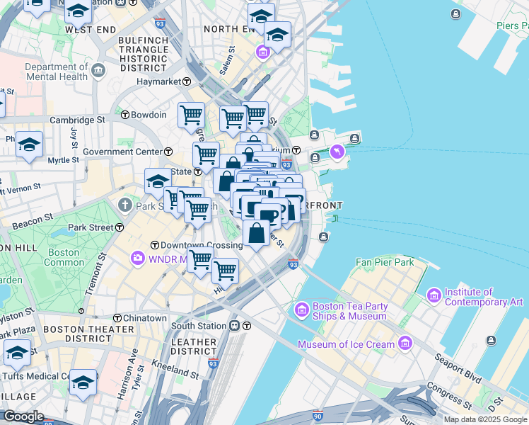 map of restaurants, bars, coffee shops, grocery stores, and more near 67 Batterymarch Street in Boston