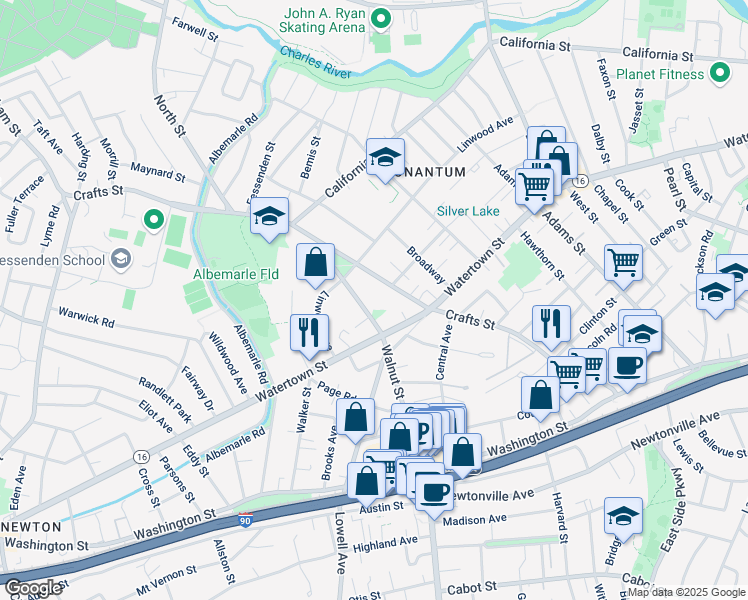 map of restaurants, bars, coffee shops, grocery stores, and more near 100 Walnut Street in Newton
