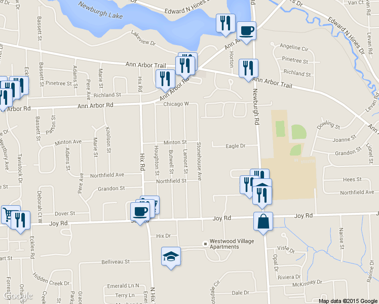 map of restaurants, bars, coffee shops, grocery stores, and more near 9234 Lamont Street in Livonia