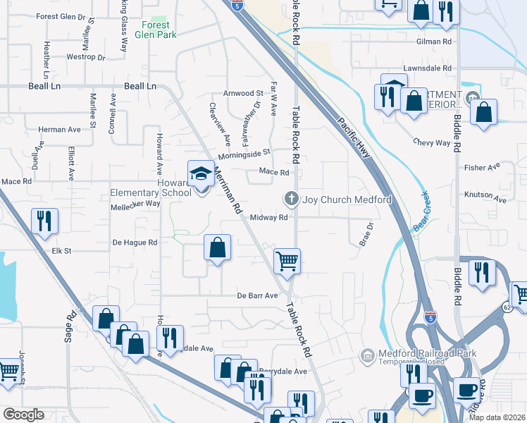 map of restaurants, bars, coffee shops, grocery stores, and more near 439 Midway Road in Medford