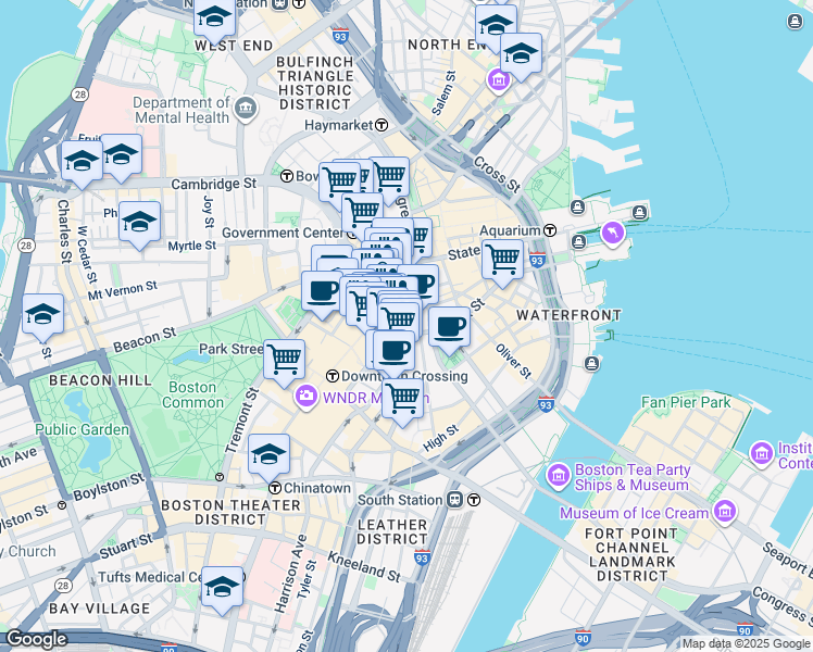 map of restaurants, bars, coffee shops, grocery stores, and more near 159 Devonshire Street in Boston