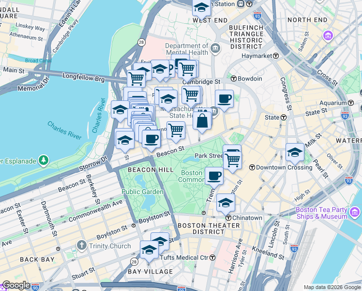 map of restaurants, bars, coffee shops, grocery stores, and more near 44 Beacon Street in Boston