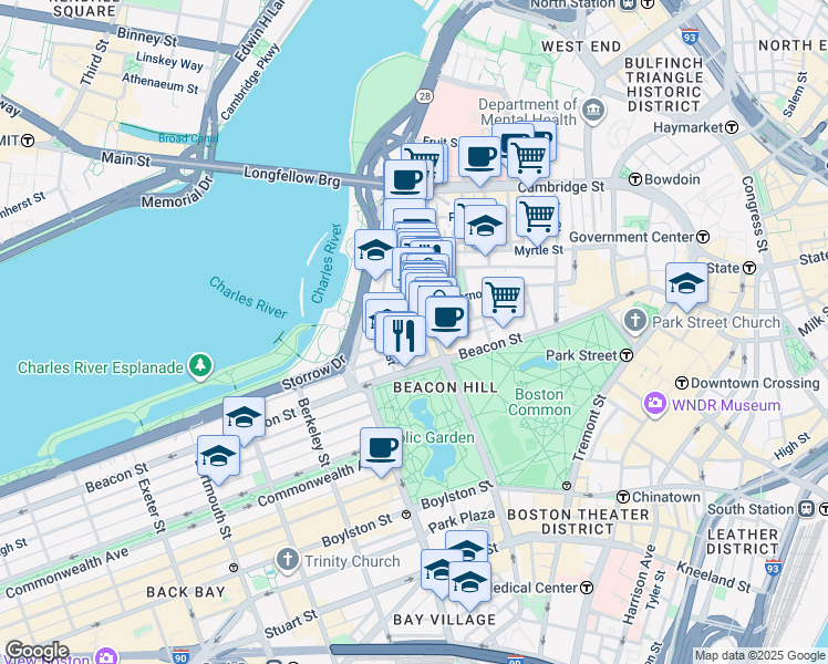 map of restaurants, bars, coffee shops, grocery stores, and more near 34 Charles Street in Boston