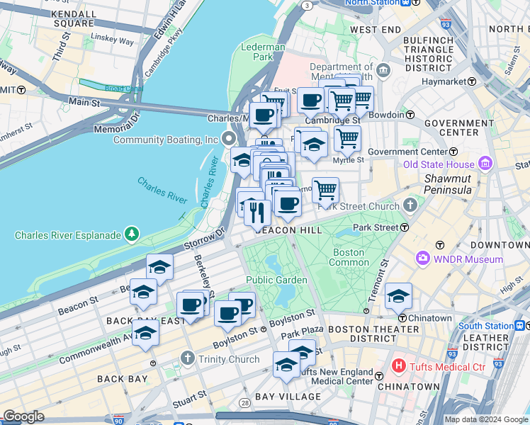 map of restaurants, bars, coffee shops, grocery stores, and more near 36 Lime Street in Boston