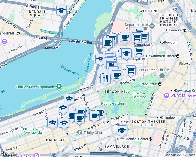 map of restaurants, bars, coffee shops, grocery stores, and more near in Boston
