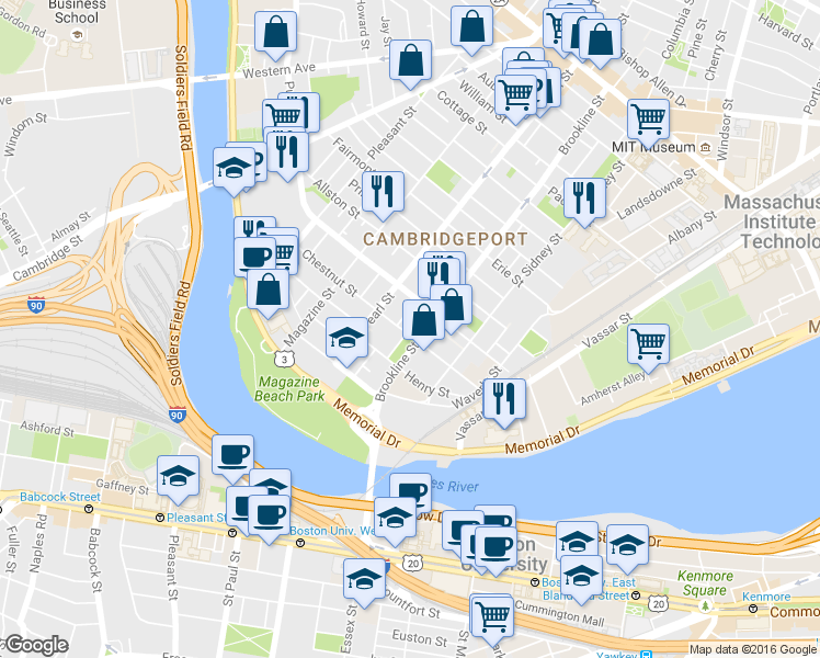 map of restaurants, bars, coffee shops, grocery stores, and more near 97 Chestnut Street in Cambridge