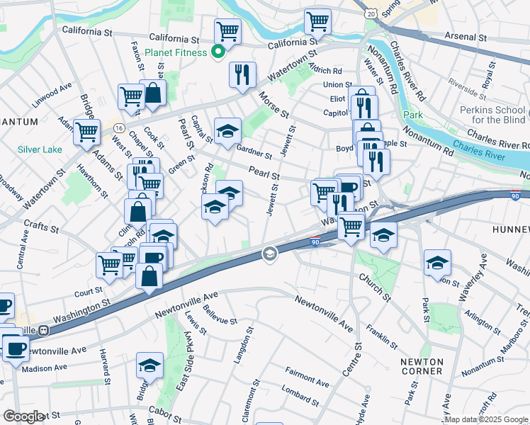 map of restaurants, bars, coffee shops, grocery stores, and more near 119 Jewett Street in Newton