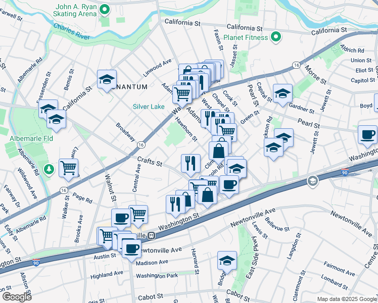 map of restaurants, bars, coffee shops, grocery stores, and more near 19 Ashmont Avenue in Newton