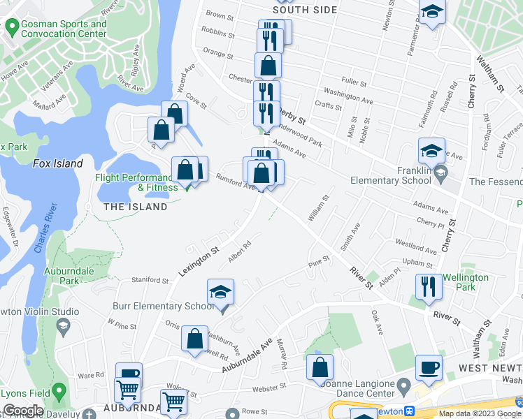 map of restaurants, bars, coffee shops, grocery stores, and more near 88 Lexington Street in Newton