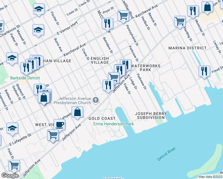 map of restaurants, bars, coffee shops, grocery stores, and more near 8845 East Jefferson Avenue in Detroit