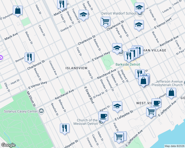 map of restaurants, bars, coffee shops, grocery stores, and more near 2135 Sheridan Street in Detroit
