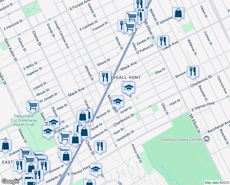 map of restaurants, bars, coffee shops, grocery stores, and more near 3140 Preston Street in Detroit
