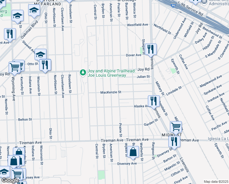 map of restaurants, bars, coffee shops, grocery stores, and more near 7412 Mackenzie Street in Detroit