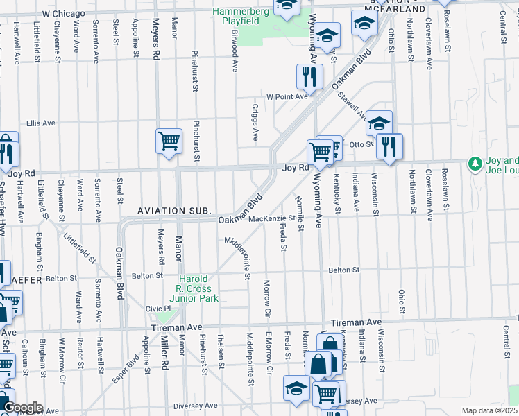 map of restaurants, bars, coffee shops, grocery stores, and more near 5631 Oakman Boulevard in Detroit
