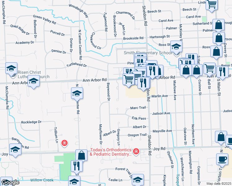 map of restaurants, bars, coffee shops, grocery stores, and more near 9396 Baywood Drive in Plymouth