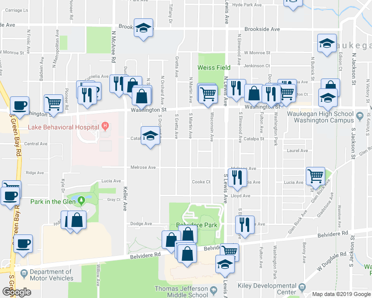 map of restaurants, bars, coffee shops, grocery stores, and more near 114 South Martin Avenue in Waukegan