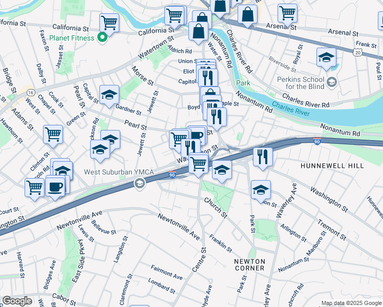 map of restaurants, bars, coffee shops, grocery stores, and more near in Newton