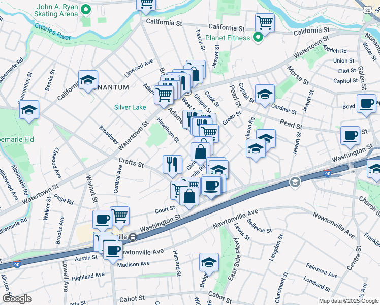 map of restaurants, bars, coffee shops, grocery stores, and more near 92 Hawthorn Street in Newton