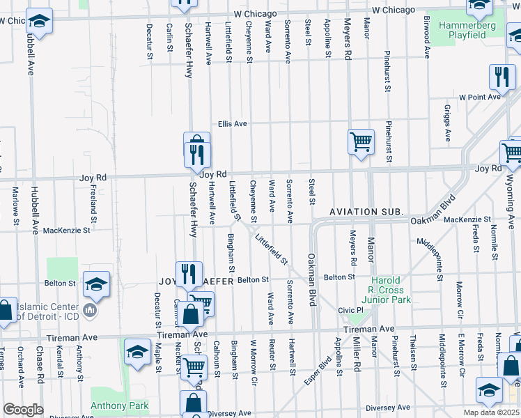 map of restaurants, bars, coffee shops, grocery stores, and more near 8544 Cheyenne Street in Detroit