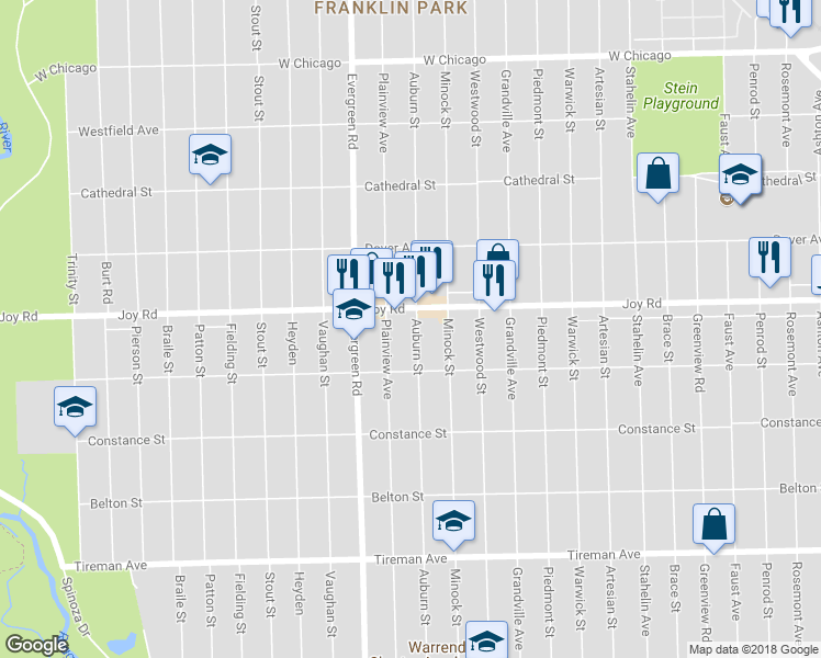 map of restaurants, bars, coffee shops, grocery stores, and more near 8685 Auburn St in Detroit