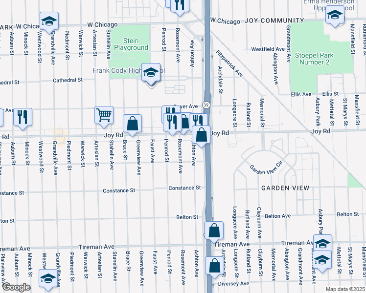 map of restaurants, bars, coffee shops, grocery stores, and more near 8668 Rosemont Avenue in Detroit