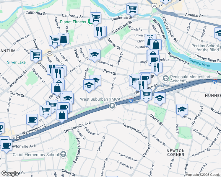 map of restaurants, bars, coffee shops, grocery stores, and more near 119 Jewett Street in Newton
