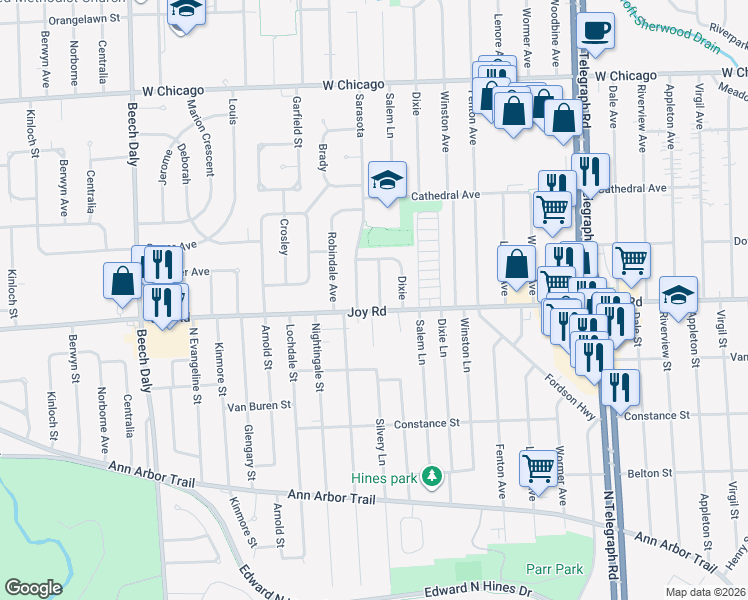 map of restaurants, bars, coffee shops, grocery stores, and more near 8815 Salem in Redford Charter Township