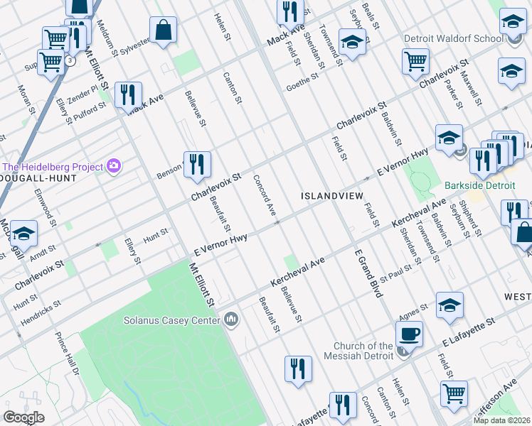 map of restaurants, bars, coffee shops, grocery stores, and more near 2431 Concord Avenue in Detroit