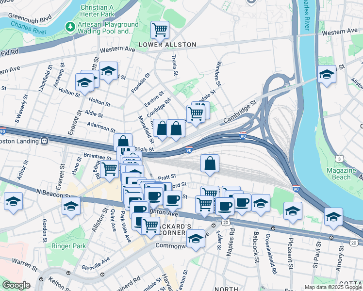map of restaurants, bars, coffee shops, grocery stores, and more near 310 Cambridge Street in Boston