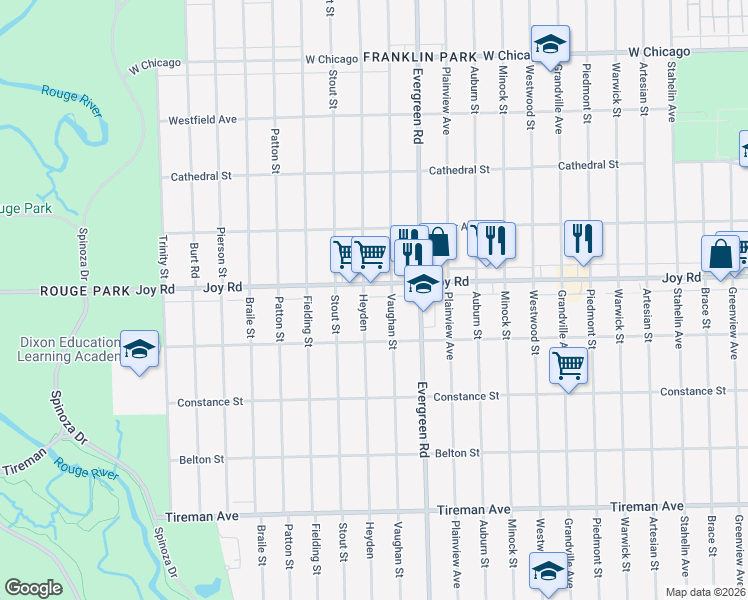 map of restaurants, bars, coffee shops, grocery stores, and more near 8694 Heyden in Detroit