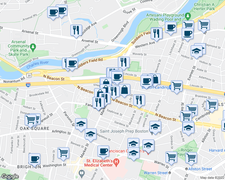 map of restaurants, bars, coffee shops, grocery stores, and more near Market St & Vineland St in Boston