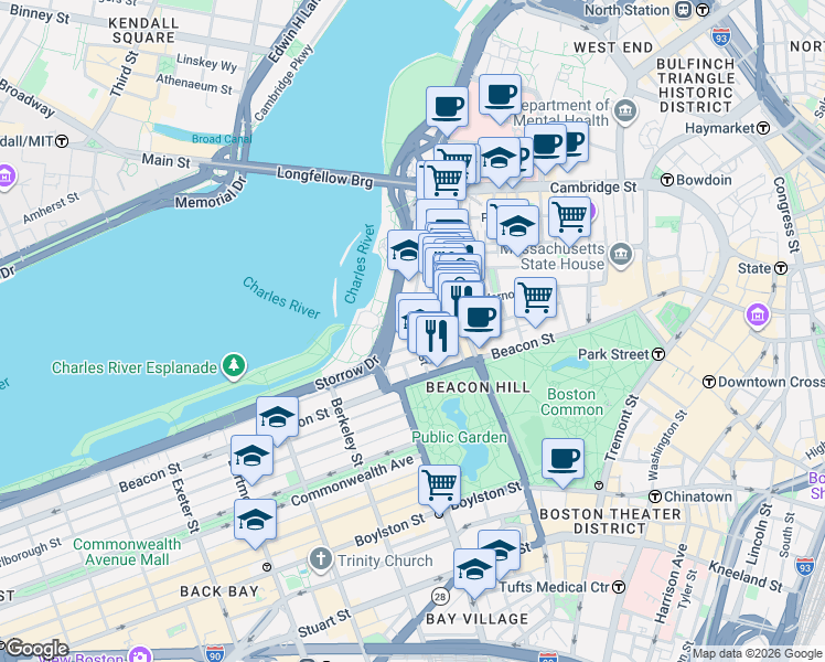 map of restaurants, bars, coffee shops, grocery stores, and more near 36 Lime Street in Boston