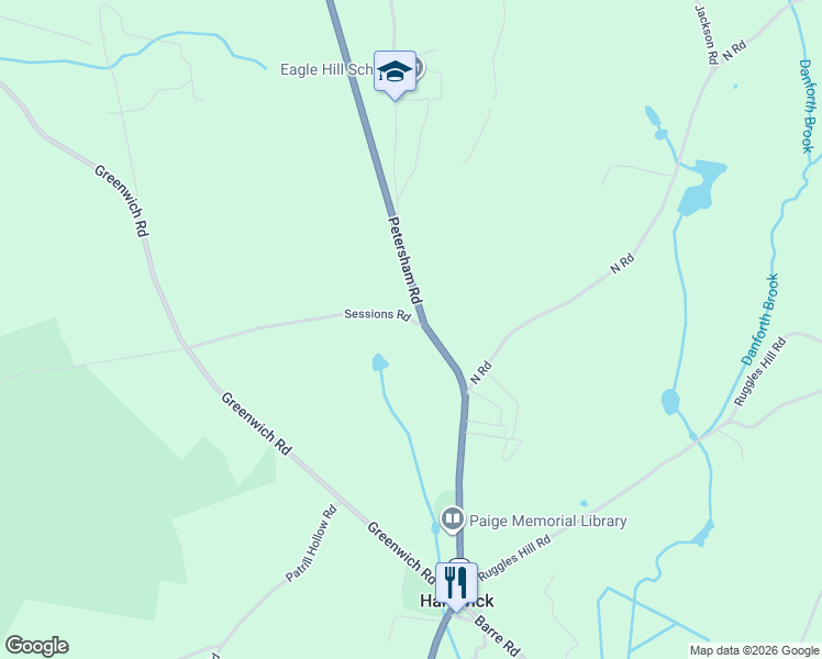 map of restaurants, bars, coffee shops, grocery stores, and more near 45 Sessions Road in Hardwick