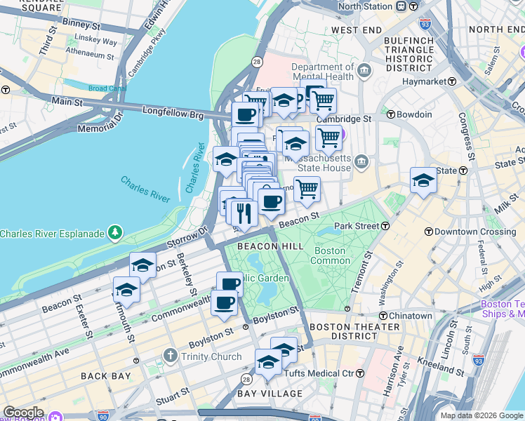 map of restaurants, bars, coffee shops, grocery stores, and more near Charles St & Chestnut St in Boston