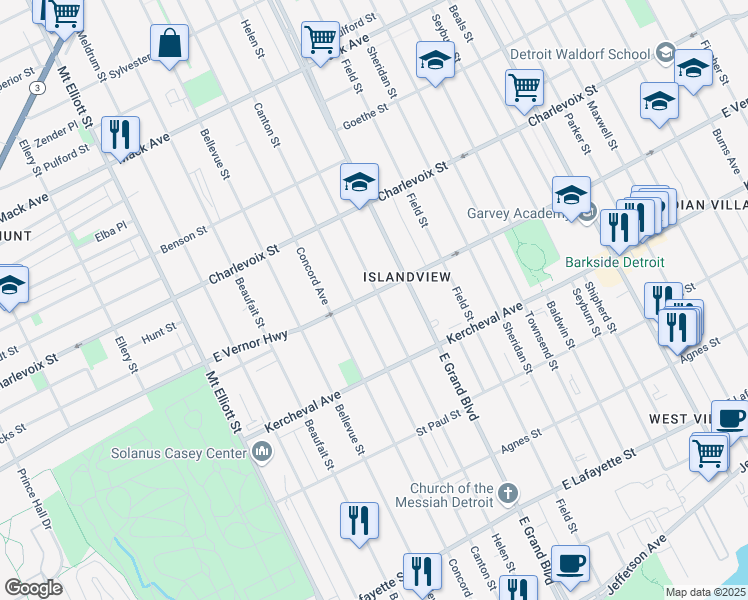 map of restaurants, bars, coffee shops, grocery stores, and more near 2251 Helen Street in Detroit