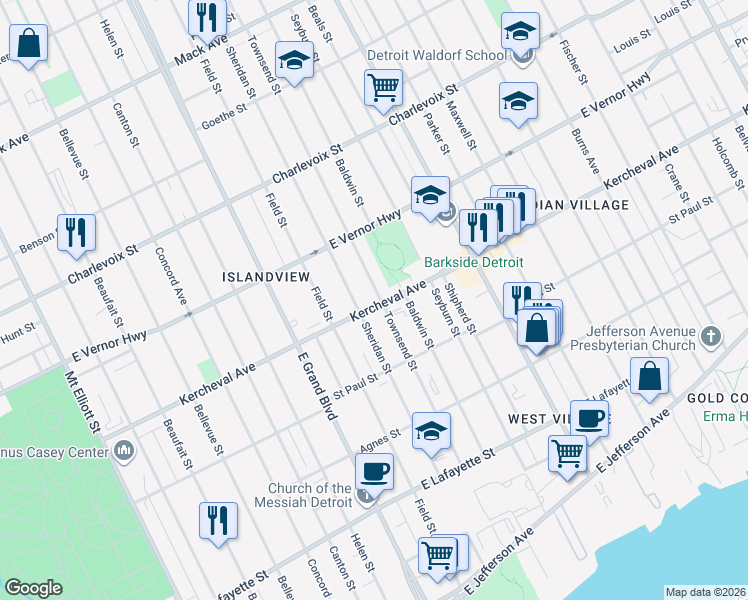 map of restaurants, bars, coffee shops, grocery stores, and more near 7441 Kercheval Avenue in Detroit